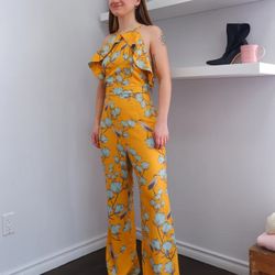 Anthropologie varun bahl Yellow and Blue Floral Jumpsuit with Ruffle Detail 12