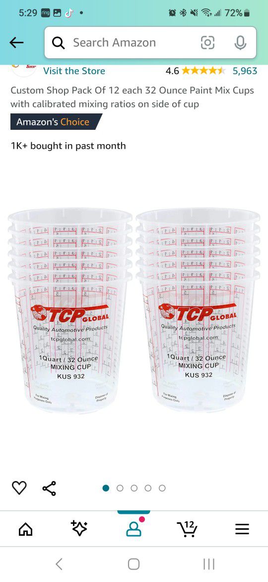 Custom Shop Pack Of 12 each 32 Ounce Paint Mix Cups with calibrated mixing ratios on side of cup