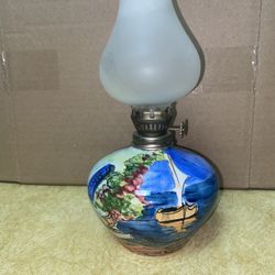 8.5 inches with Glass Handmade Hand painted Imported From Greece Ceramic Oil Lamp