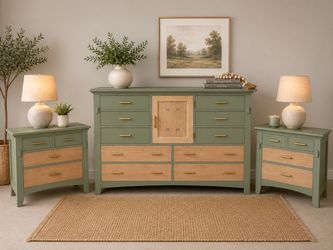 ✨ Solid Wood Bedroom Set – Dresser and 2 King Nightstands Beautiful Sage Green Refinish – $900 OBO ✨
