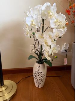 Large Faux White Orchid Arrangement in Decorative Ceramic Vase