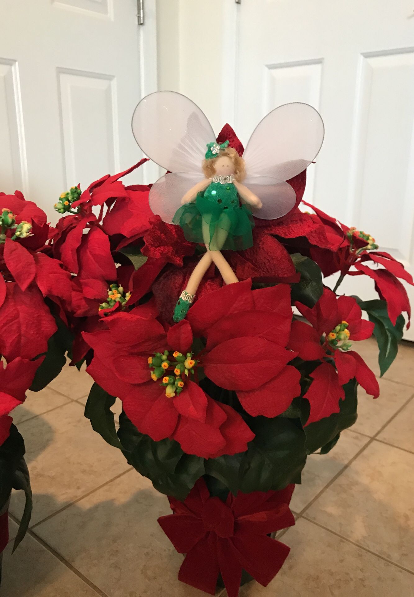 Gorgeous!!! Silk Christmas potted Pointe Sett Arrangement With Magic Fairy