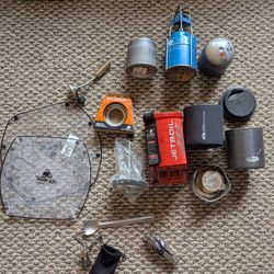 Ultra Light Camping Backpacking Cooking Gear Jetboil Stove GSI Primus Pocket Rocket MSR Flat Folding Plate, Bowl, Titanium Long Spoon Spork REI Toaks