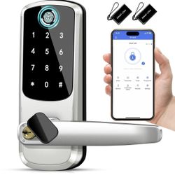 Smart Door Lock with Handle, Keyless Entry Door Locks, 8-in-1 Fingerprint Keypad Exterior Lock - Smart Locks for Front Door - Digital Electronic Smart