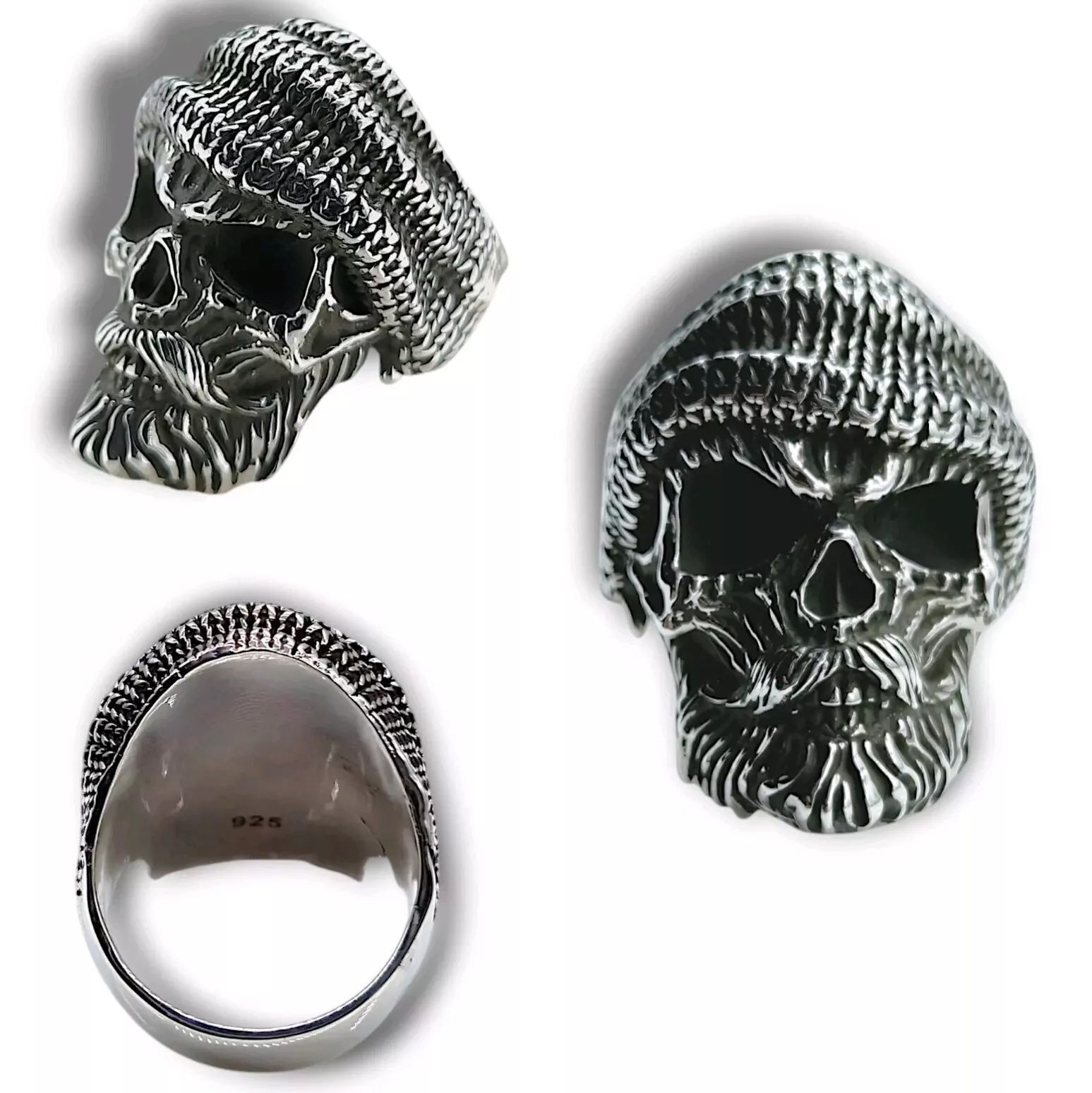 925 Sterling Silver Skull Ring Beanie Beard for Men & Women Unisex, Size 9, 6mm