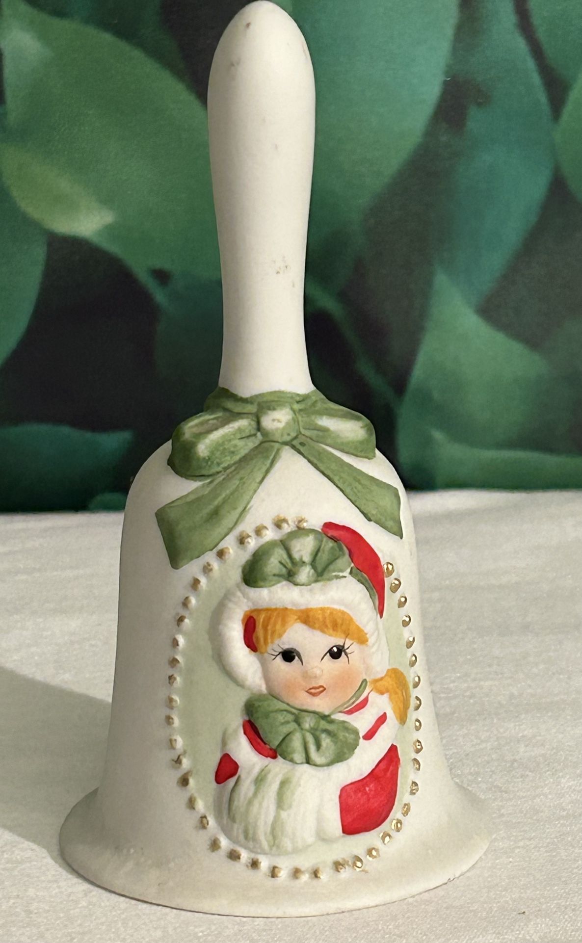 Vtg. 5” Jascow Cow Bow Bell Bisque Porcelain Bell With Original Clapper
