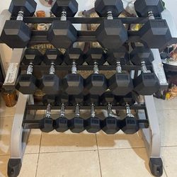 SET OF RUBBER DUMBBELLS (15s to 50s) & 3 TIER RACK : (PAIRS  OF)  :  15s  20s  25s  30s  35s  40s  45s  50s  