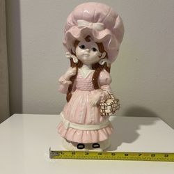Vtg 1970’s PILMAN Ceramic Girl W/Pink Dress & Basket Figurine Hand Painted 12"