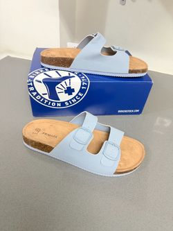 Light blue double buckle slide sandals comfortable size 10