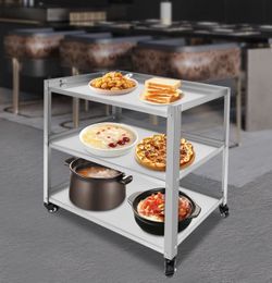 Stainless Steel Utility Cart, 3-Tier Serving Storage Rolling Car Shelf with Handle& Lockable Wheels, 300LBS Capacity for Kitchen, Restaurant, Laborato