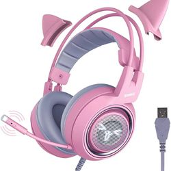 SOMIC G951 Pink USB Gaming Headset for PC, PS4, PS5, Laptop, w/Noise Cancelling Mic and Cat Ears