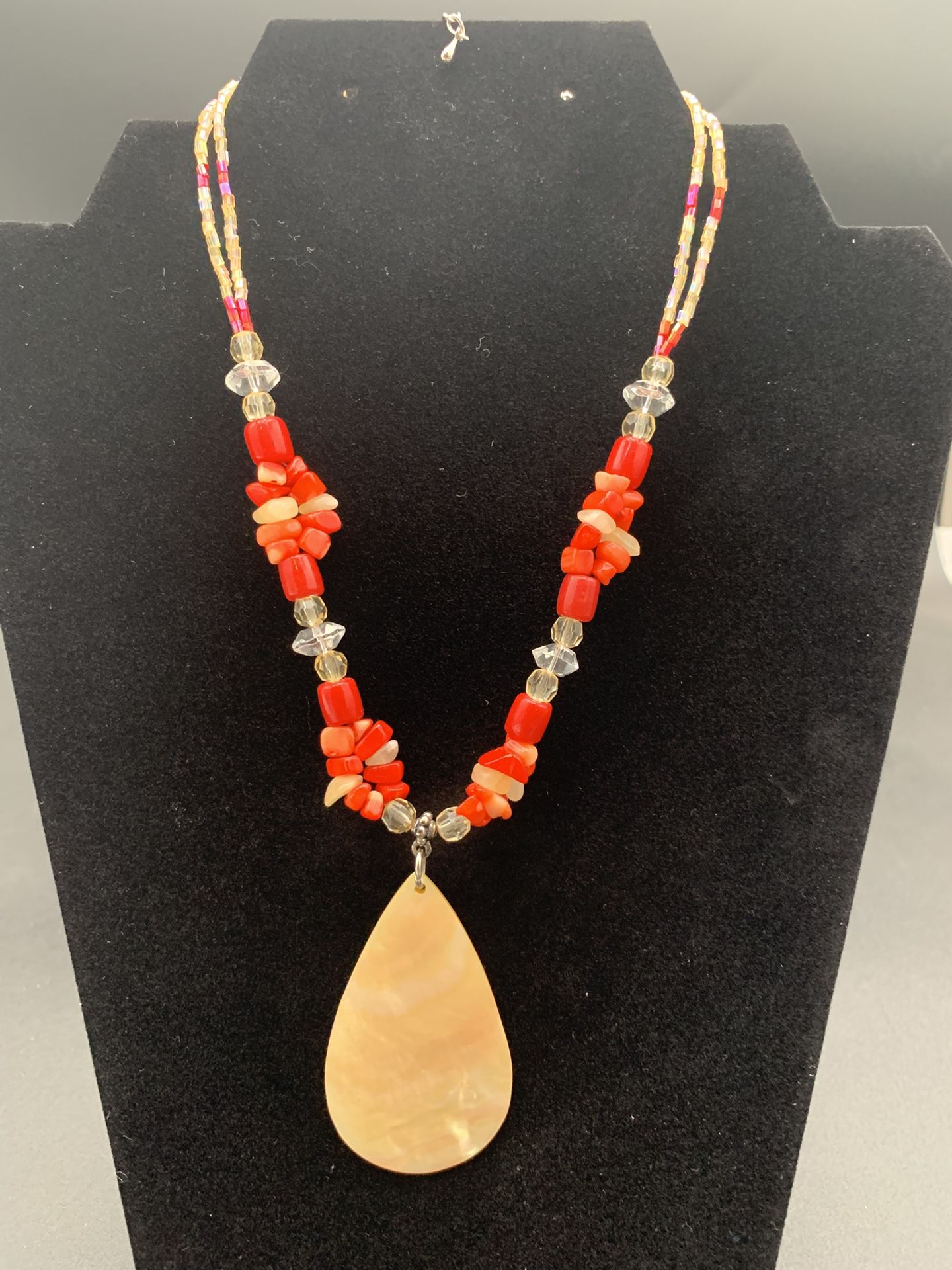 Mother Of Pearl Pendant With orange And Clear Beads Necklace