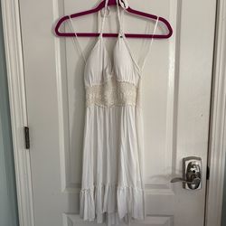 Guess Los Angeles Women Medium Y2K Halter Dress Ivory Crochet Lined Cups Ruffle