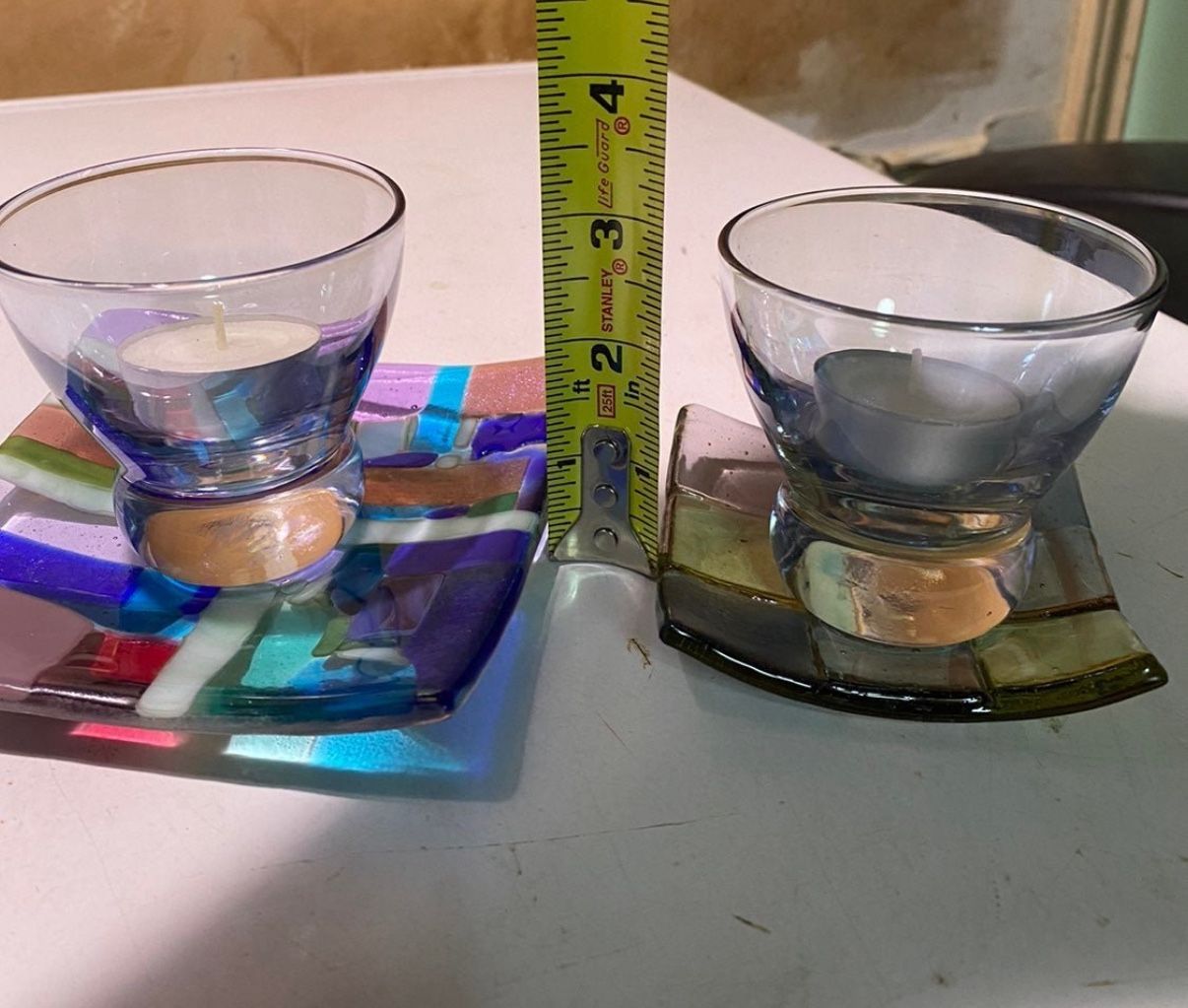 Beautiful Recycled iridescent glass votive/tea light candle holders & trays set.