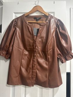 Marc New York Brown Faux Leather Puff Sleeve Top