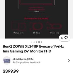 BenQ ZOWIE XL2411P 24 Inch 144Hz Gaming Monitor, 1080P 1ms, Black eQualizer and Color Vibrance for Competitive Edge