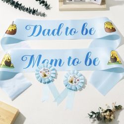Mom & Dad To Be Maternity Sash and Corsage Pin 4-Piece Set for Baby Boy Reveal or Baby Shower Party, Blue Winnie The Pooh Bear Pregnancy Keepsake, NEW