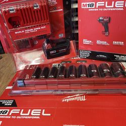 MILWAUKEE M18 FUEL 1/2” MID -TORQUE  IMPACT WRENCH  #2962-20  Plus BATTERY 5.0 And CHARGER  PLUS 9 Pc  SAE. IMPACT WRENCH   read Below