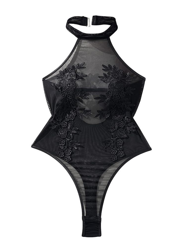 Sexy Halter Sheer Applique Floral Malla Lencería Teddy Body Top Una Pieza