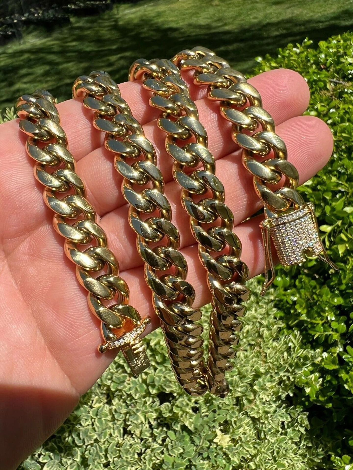  Cz Diamond Miami Cubian an Chain Stamp 14k Gold Plated 5X Layered steel choker Non Rust or Neck Green 10mm Thick 24Inch