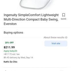 Ingenuity SimpleComfort Lightweight Multi-Direction Compact Baby Swing, Everston
