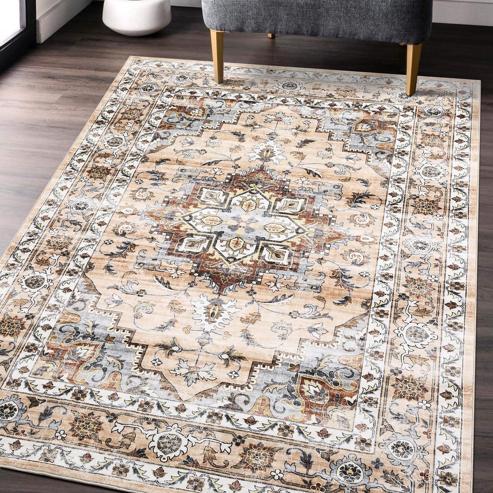 8x10 Non-Slip Stain Resistant Washable Oriental Distressed Area Rug, Brown/Orange Tones, NEW