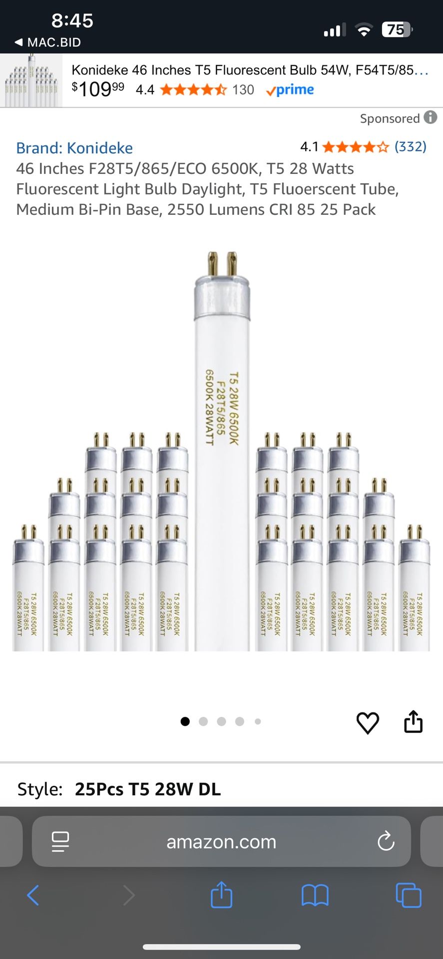 Konideke 46 Inch 28 Watts Fluorescent Tube Light Bulbs 25 Pack