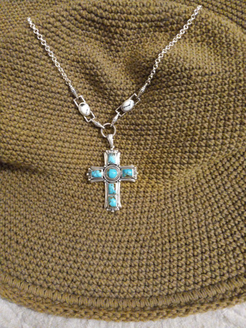 Artisan Blue Moon Turquoise White Buffalo Sterling Silver Cross Necklace 