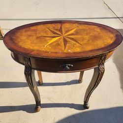 Oval Wood Inlay Accent Table with Drawer
