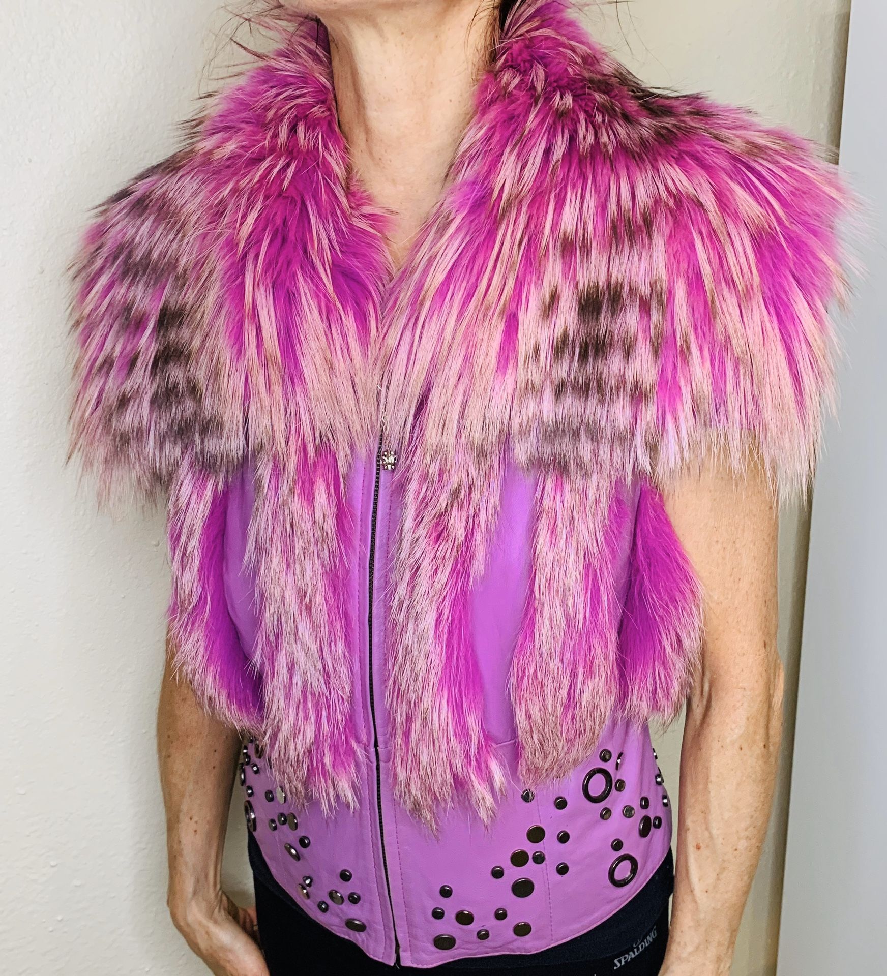 Genuine real Pink fox fur leather vest jacket S