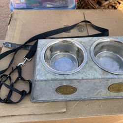 Dog Dishes And Leash 