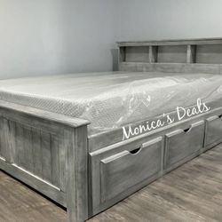 Queen Solid Wood Bed With 3 Drawers And Memory Foam Mattress $780