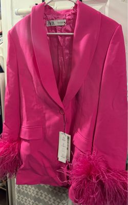 New Zara Pink Blazer with Feather Cuffs