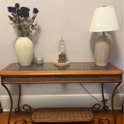 Vintage Rattan Console table   Glass top, rattan weave siding and bottom, sturdy