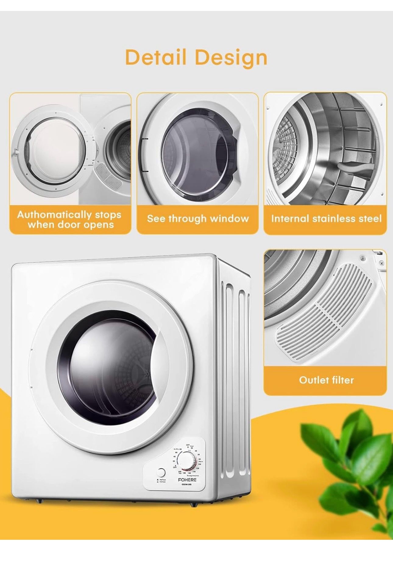 Clothes Dryer, 2.9 cu.ft FOHERE Portable Compact Dryer, 1400W Vented Tumble Dryer with Sensor, 5 Auto Drying Mode, with Exhaust Duct & Stainless Steel