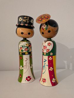 vintage wooden hand-painted wedding bobblehead dolls 12" Tall