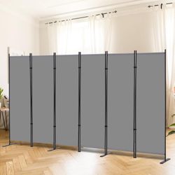 6-Panel Grey Fabric Room Divider Privacy Screen