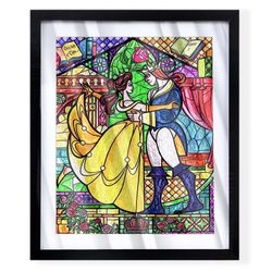 Beauty and the beast stained glass windows art piece in black frame