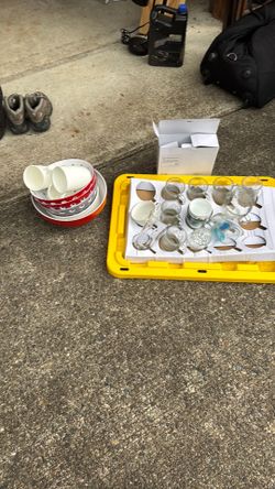 Kitchen cups and bowls and forks and spoons