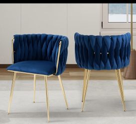 4 Blue Velvet Dining Chairs Woven Upholstered Dining Chairs with Golden Metal Legs