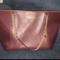 COACH PURSE- Burgundy, leather/patent leather coach purse with gold chain straps