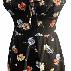 Women Floral Dress Small Sleeveless Tie in Front Zipper Closure A Line Midi