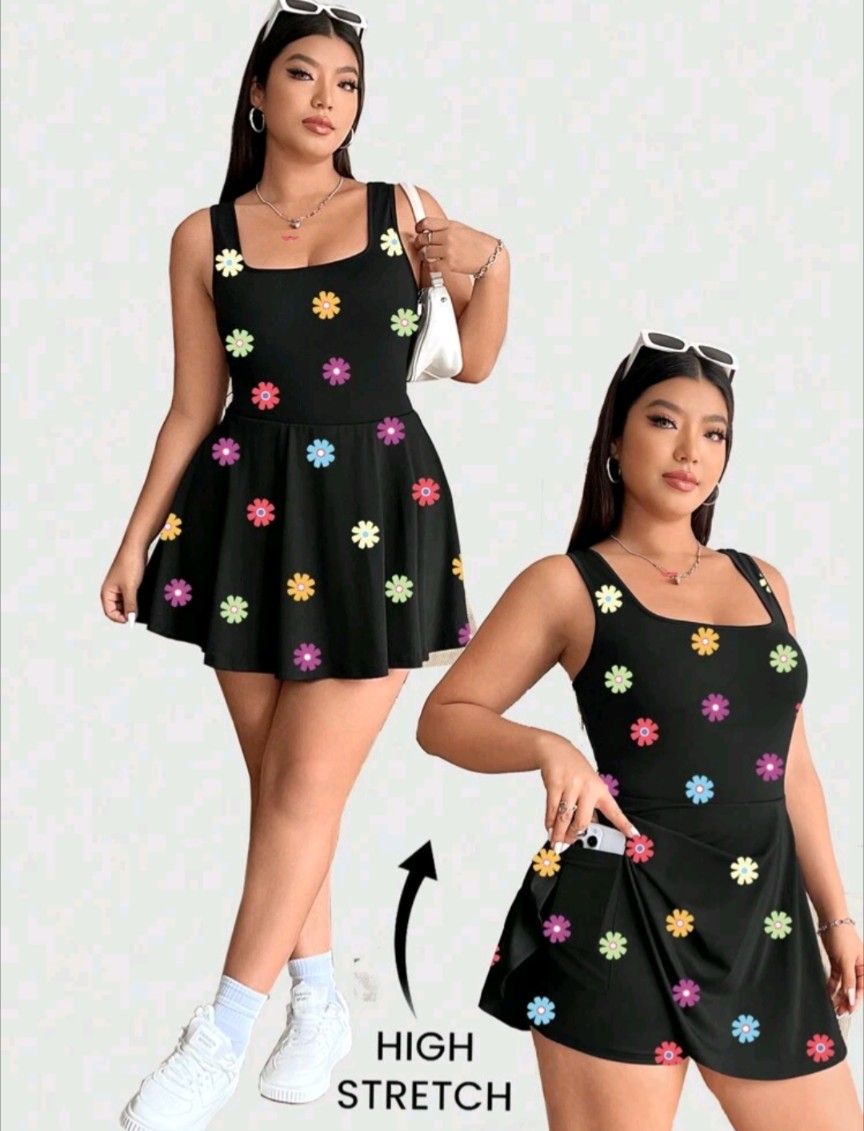 3XL Black Dress With Flowers (With Connected Shorts With Pockets)