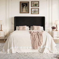 Queen Size Platform Bed Frame with Velvet Upholstered Wingback Headboard, Black
