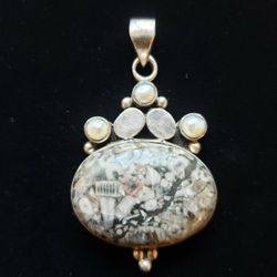 Sterling Silver and Jasper Pendant with Freshwater Pearls