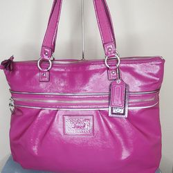 Coach Poppy Daisy Berry Patent Leather XLarge Zipped Tote Purse Pink Purple Bag
