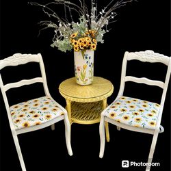 Vintage Wood Chairs And Vintage Wicker With Glass Top