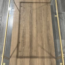 Nathan James Asher Mid-Century Rectangle Coffee Table Glass Top and Rustic Oak Storage Shelf with Sleek Brass Metal Legs, Gold