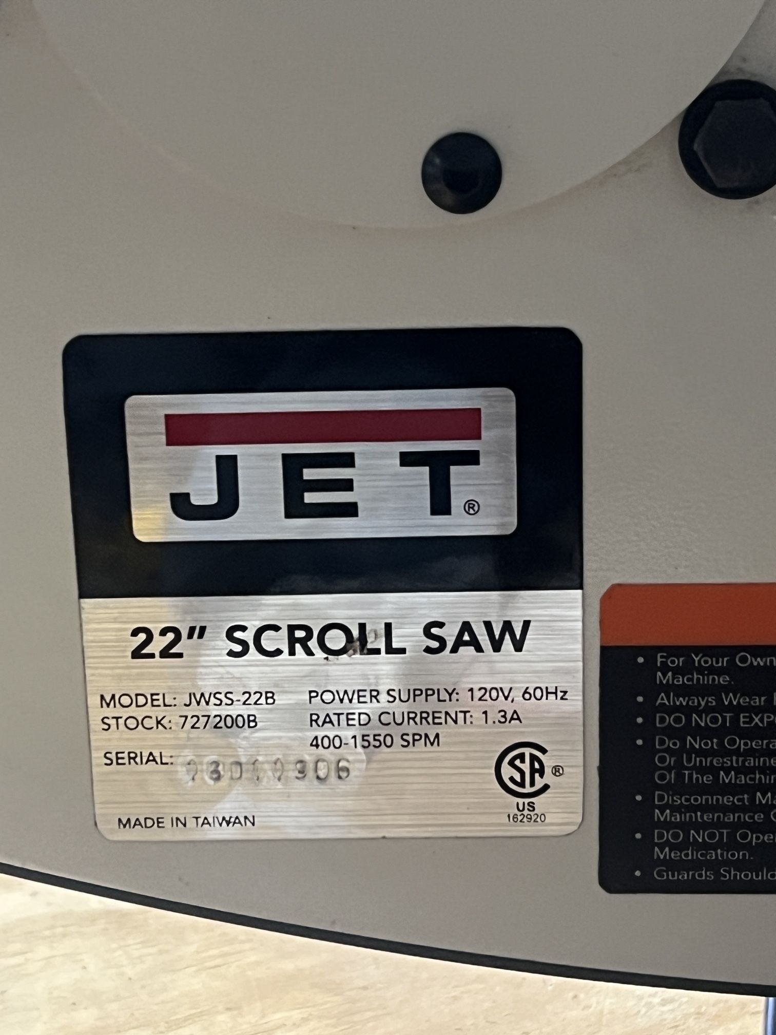 JET SCROLL SAW 22 in. 120-Volt JWSS-22B
