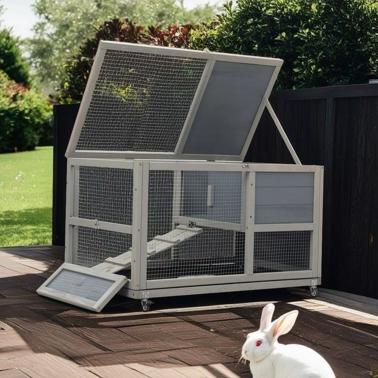 Rabbit Hutch "Wooden 2-Tier Rabbit Hutch, 35inch Outdoor Bunny Cage with Wheels, Small Animal Pet Cage with Ramp, Tray, Doors, Openable Top, Lockable,